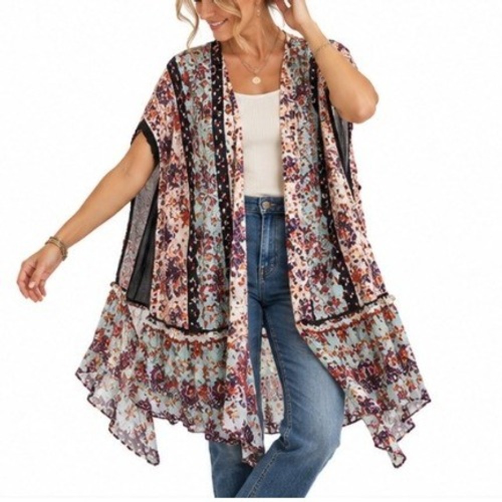 Roffe Accessories Kimono Women OS Multicolor Floral Boho Wrap Coverup Festival